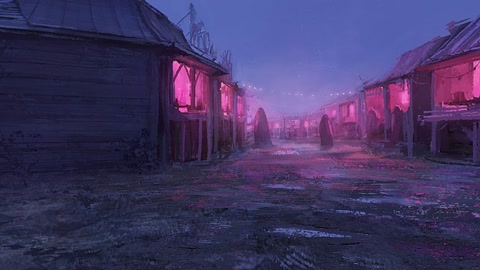 Foggy ruins with glowing market stalls — Stillmotion