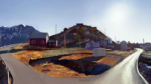 Mountain village by calm water — Stillmotion