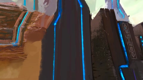 Futuristic desert landscape with blue energy structures — Stillmotion