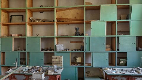 Abandoned classroom interior with debris — Stillmotion