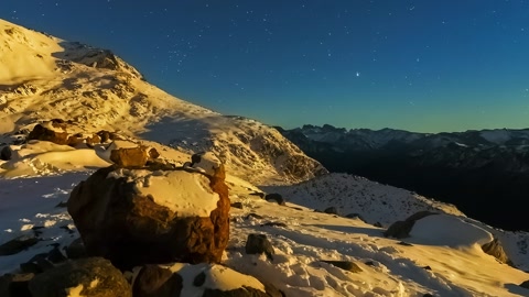 Snowy mountain under starry night sky — Stillmotion