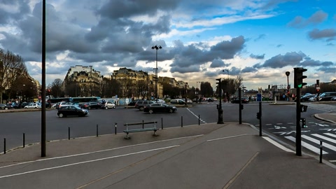 Cloudy promenade beside river and buildings — Stillmotion