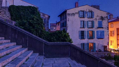 Night stone steps by old buildings — Stillmotion