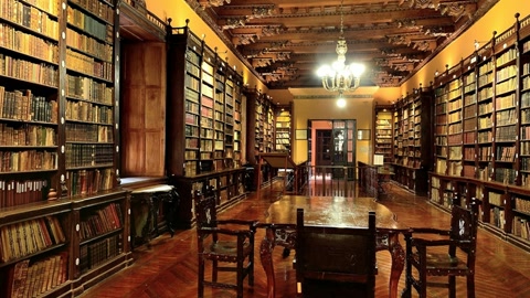 Historic library interior with bookshelves — Stillmotion