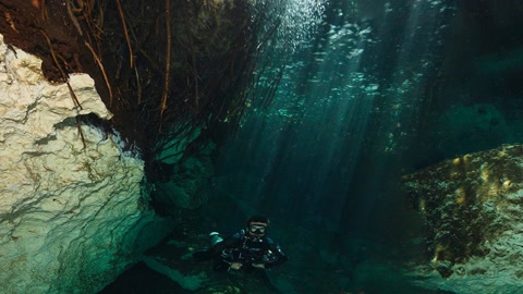 Underwater rock cave with roots — Stillmotion