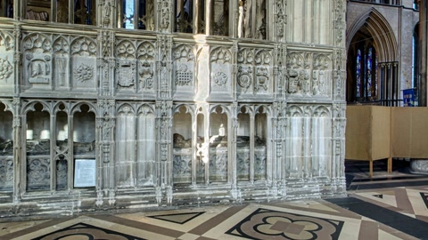 Gothic cathedral interior with exhibit panels — Stillmotion