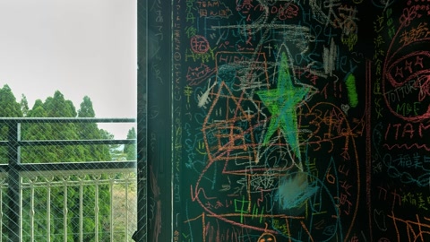 Graffiti covered interior room with balcony — Stillmotion