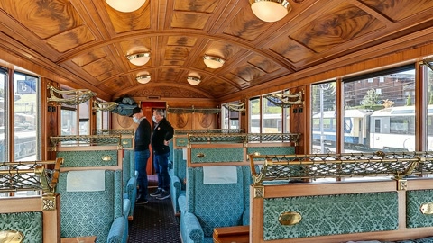 Vintage train carriage interior at station — Stillmotion