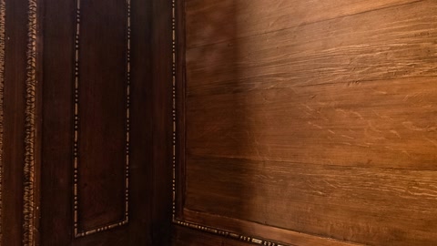 Wood-paneled staircase with framed portraits — Stillmotion