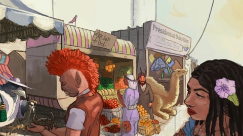 Market stalls overlooking a coastal city — Stillmotion