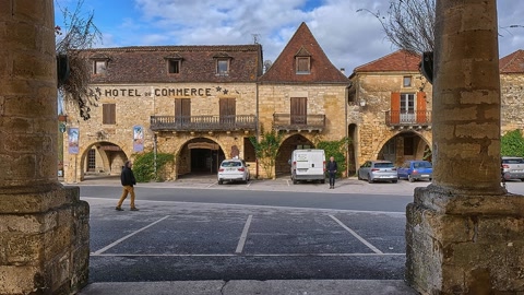 Stone market square with covered arcade — Stillmotion