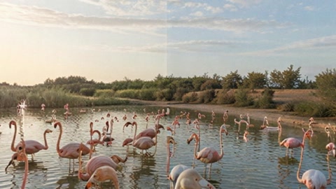 Flamingos and horses at sunset — Stillmotion