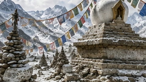 Snowy mountain shrine with prayer flags — Stillmotion