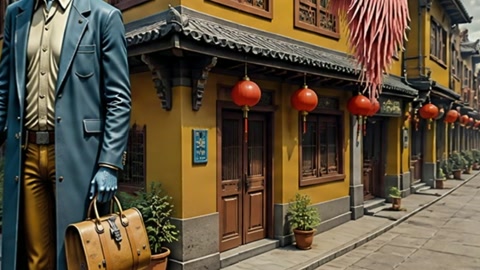 Old town street with hanging lanterns — Stillmotion