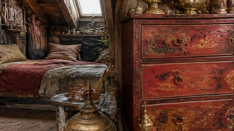 Ornate bedroom with globes and books — Stillmotion