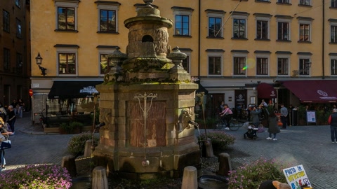 Crowded cobblestone plaza with historic buildings — Stillmotion