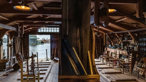 Wooden boat repair workshop interior — Stillmotion