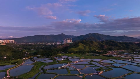 City skyline over wetlands at sunset — Stillmotion