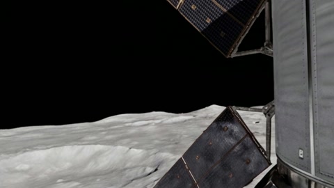 Artemis II spacecraft glides over the Moon's cratered surface, view of Earth in the distance.  — Stillmotion