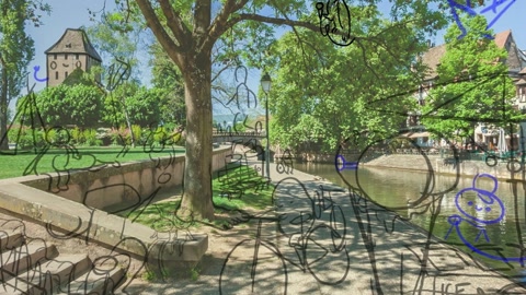 Urban canal beside tree-lined promenade — Stillmotion
