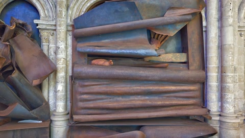 Stone hall with abstract metal sculptures — Stillmotion