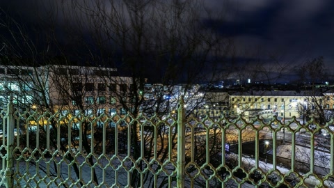 Snowy night promenade beside church — Stillmotion