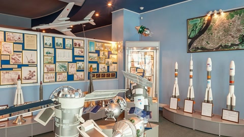 Space museum interior with rocket models — Stillmotion