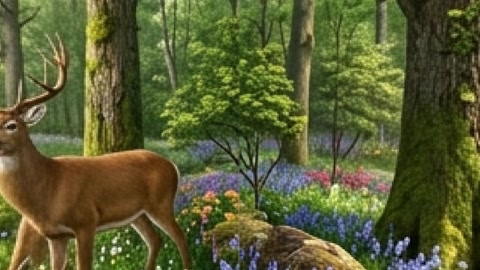 Woodland stream with deer and flowers — Stillmotion