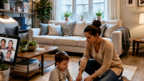 Home office with family and computer monitors — Stillmotion