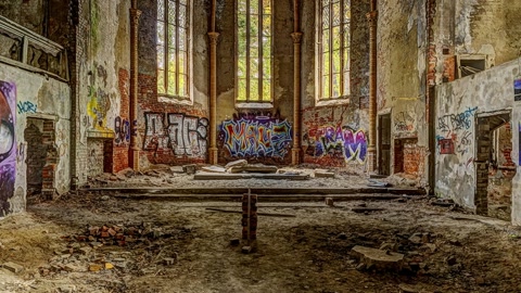 Graffiti-covered abandoned church interior — Stillmotion