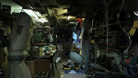 Cluttered repair shop workshop interior — Stillmotion