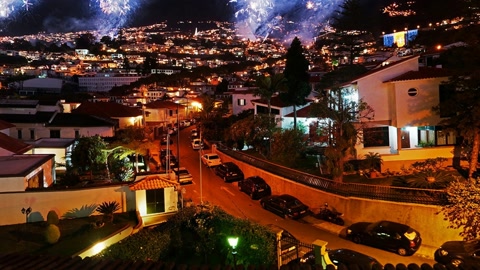 City fireworks over hillside homes — Stillmotion